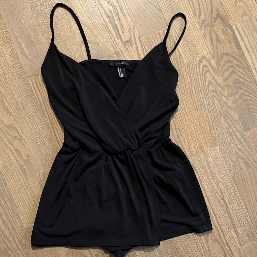 Forever 21 medium Black Spaghetti strap romper with skirt overlay